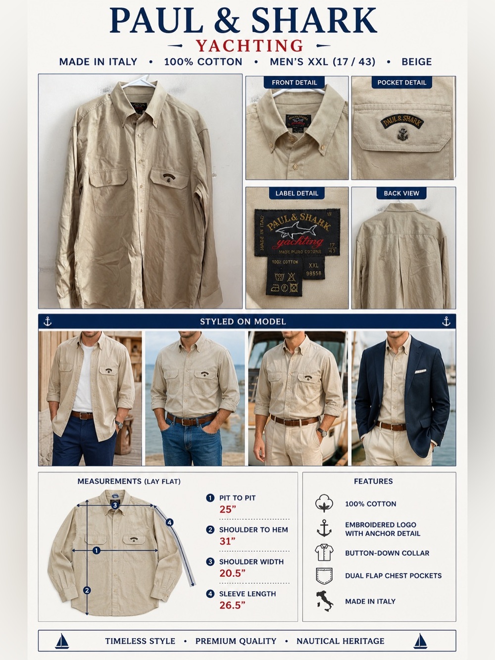 Paul & Shark Yachting Made in Italy Cotton Button Front Shirt Men's XXL Beige